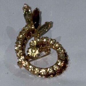 Vtg Double Swirl Amber & Gold Rhinestones Prong Set Gold Tone Brooch